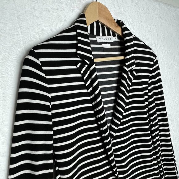 Velvet by Graham Spencer Knit Blazer Black White Stripe One Button Size M - Picture 2 of 9